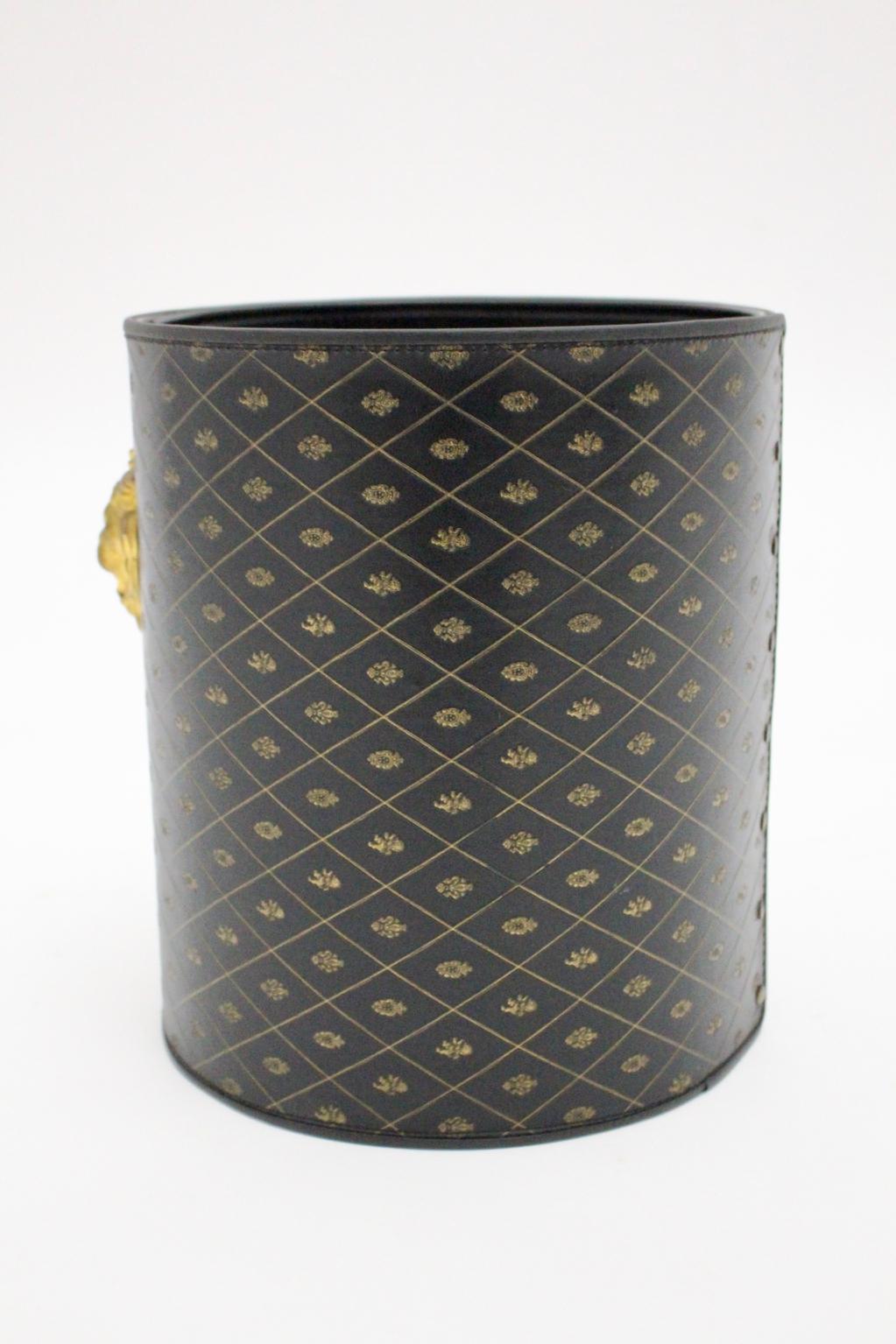Hollywood Regency Black Gold Leather Paper Basket, 1970, France For Sale 3