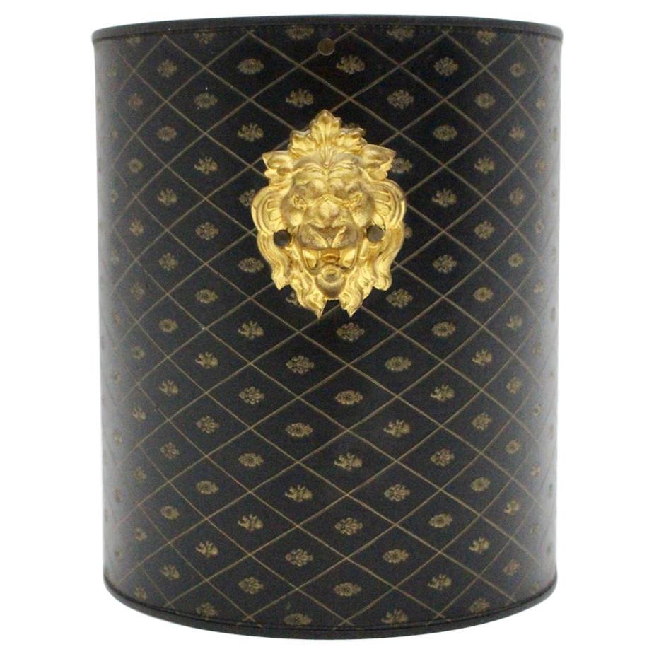 Hollywood Regency Black Gold Leather Paper Basket, 1970, France For Sale