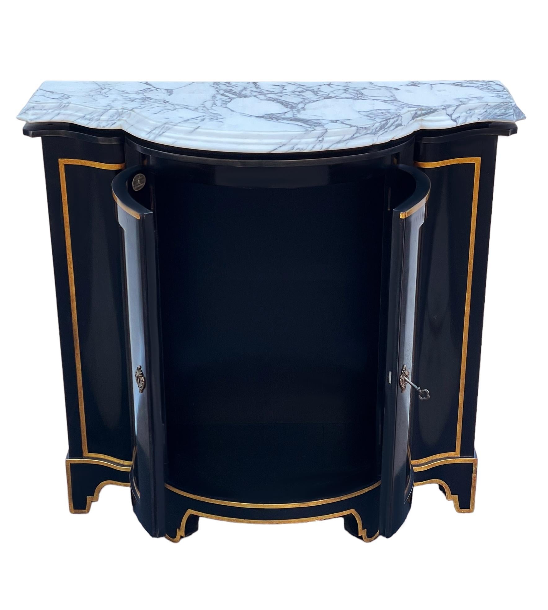 Hollywood Regency Black, Gold & Marble Storage Cabinet or Credenza by Baker In Good Condition For Sale In Philadelphia, PA