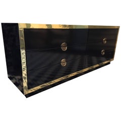 Hollywood Regency Black Lacquer and Brass Asian Dresser