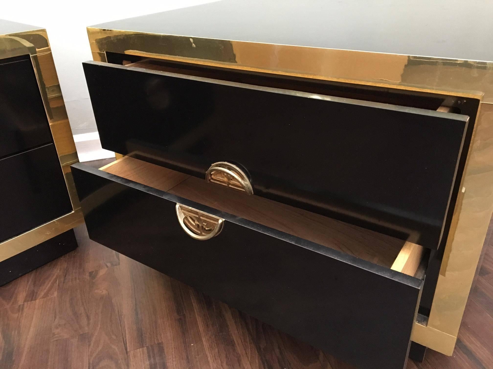 Late 20th Century Hollywood Regency Black Lacquer and Brass Asian Nightstands