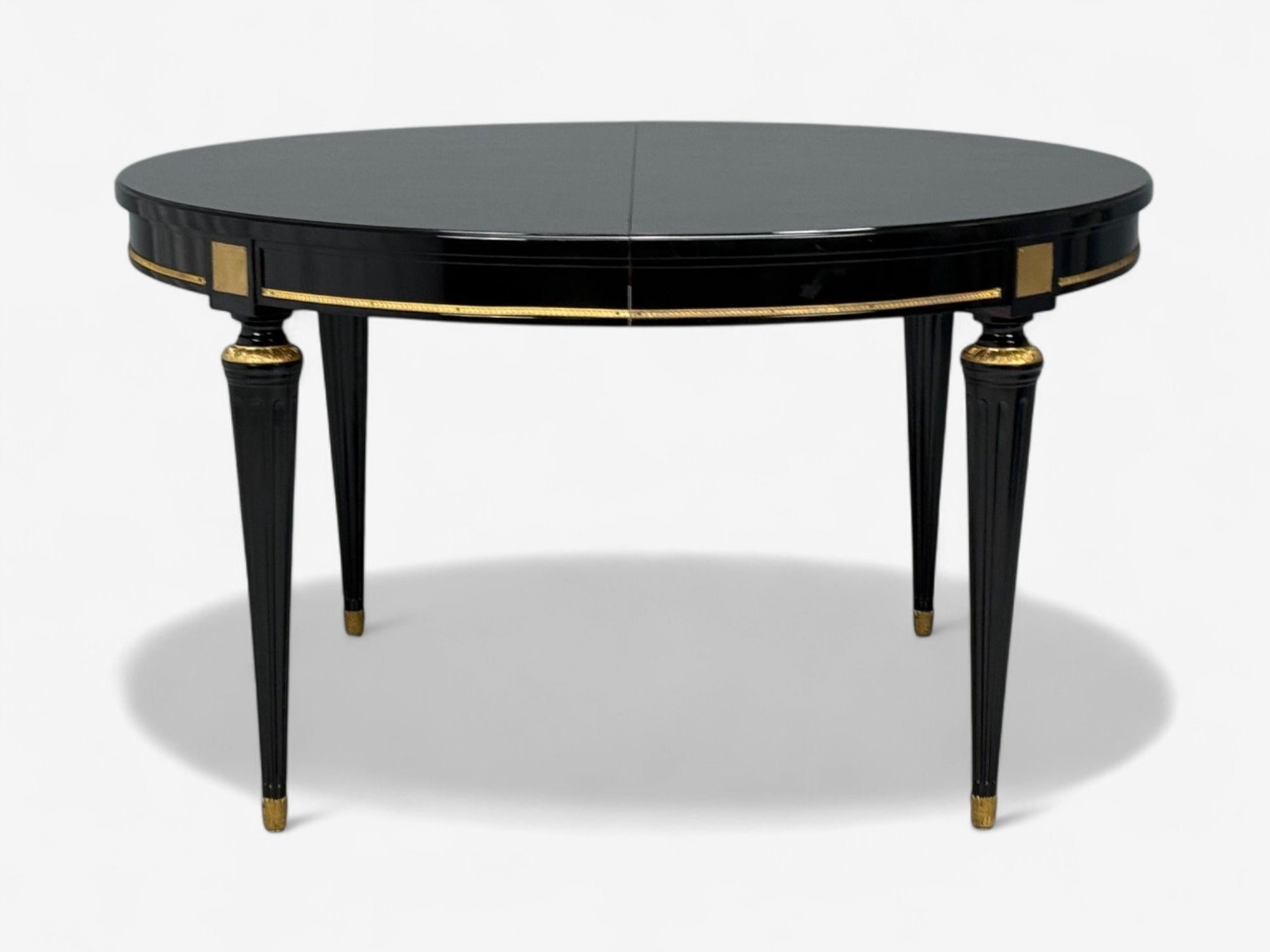 Maison Jansen Style, Hollywood Regency, Black Lacquer, Bronze, Ebonized Louis XVI Style Dining Table, France, 1940s

Magnificent fully refinished example of a Louis XVI style dining table in the manner of Maison Jansen, designed and produced in