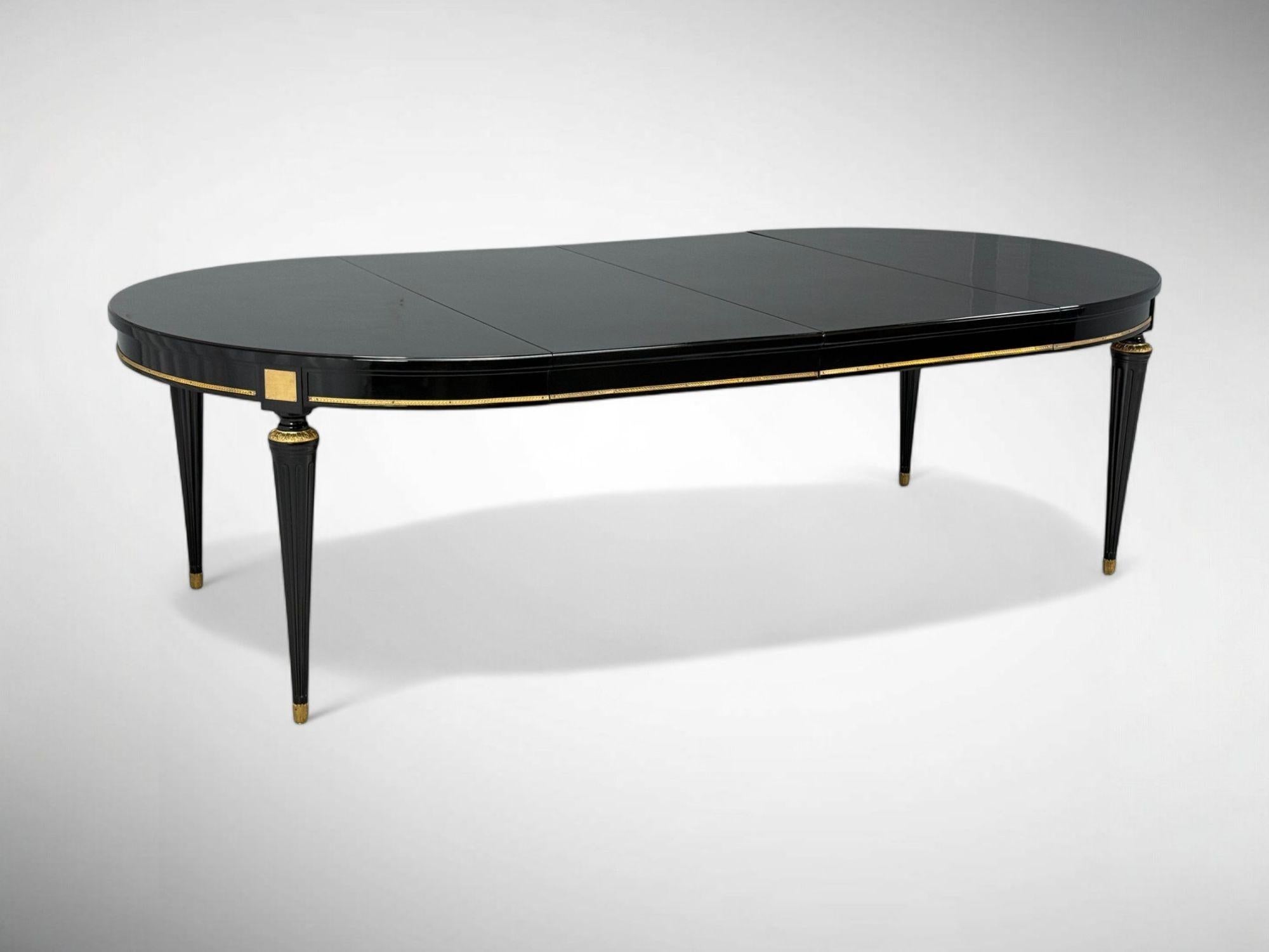 French Hollywood Regency, Black Lacquer, Bronze, Ebonized Dining Table, France, 1940s For Sale