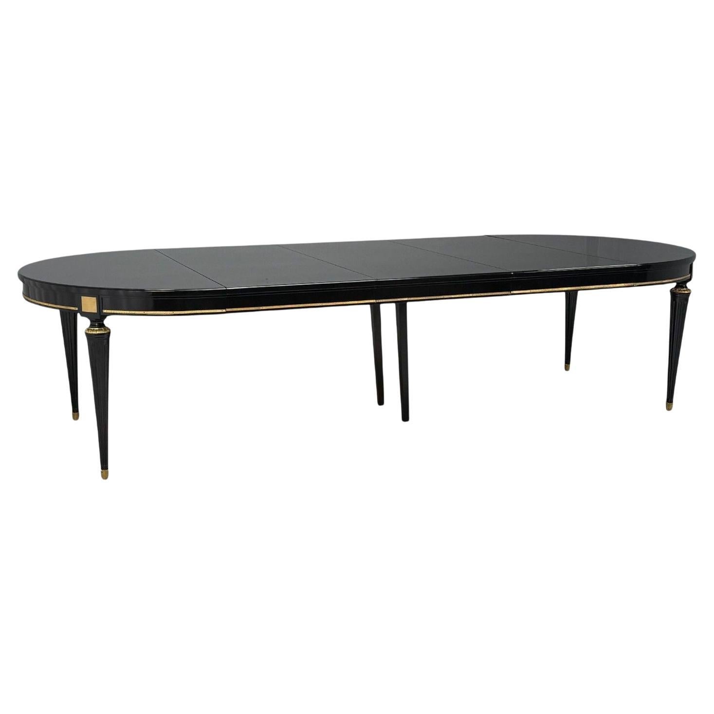 Hollywood Regency, laca negra, bronce, mesa de comedor ebonizada, Francia, años 40