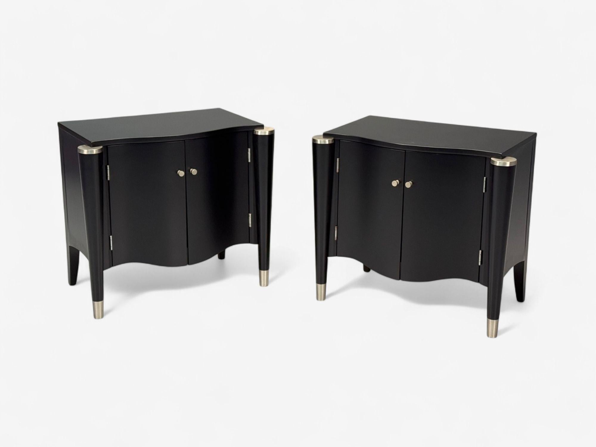 Maurice Jallot Style, Hollywood Regency, Black Lacquer, Chrome, Nightstands, USA, 1970s

Pair of fully refinished black lacquered wood and chrome nightstands designed and produced in the later half of the 20th century in the US. Similar in form to