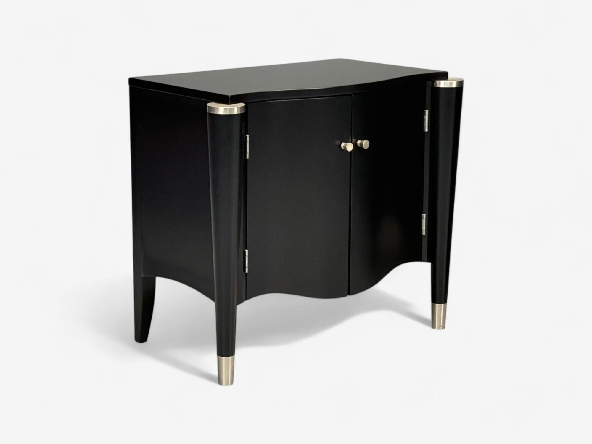 American Hollywood Regency, Black Lacquer, Chrome, Nightstands, USA, 1970s For Sale