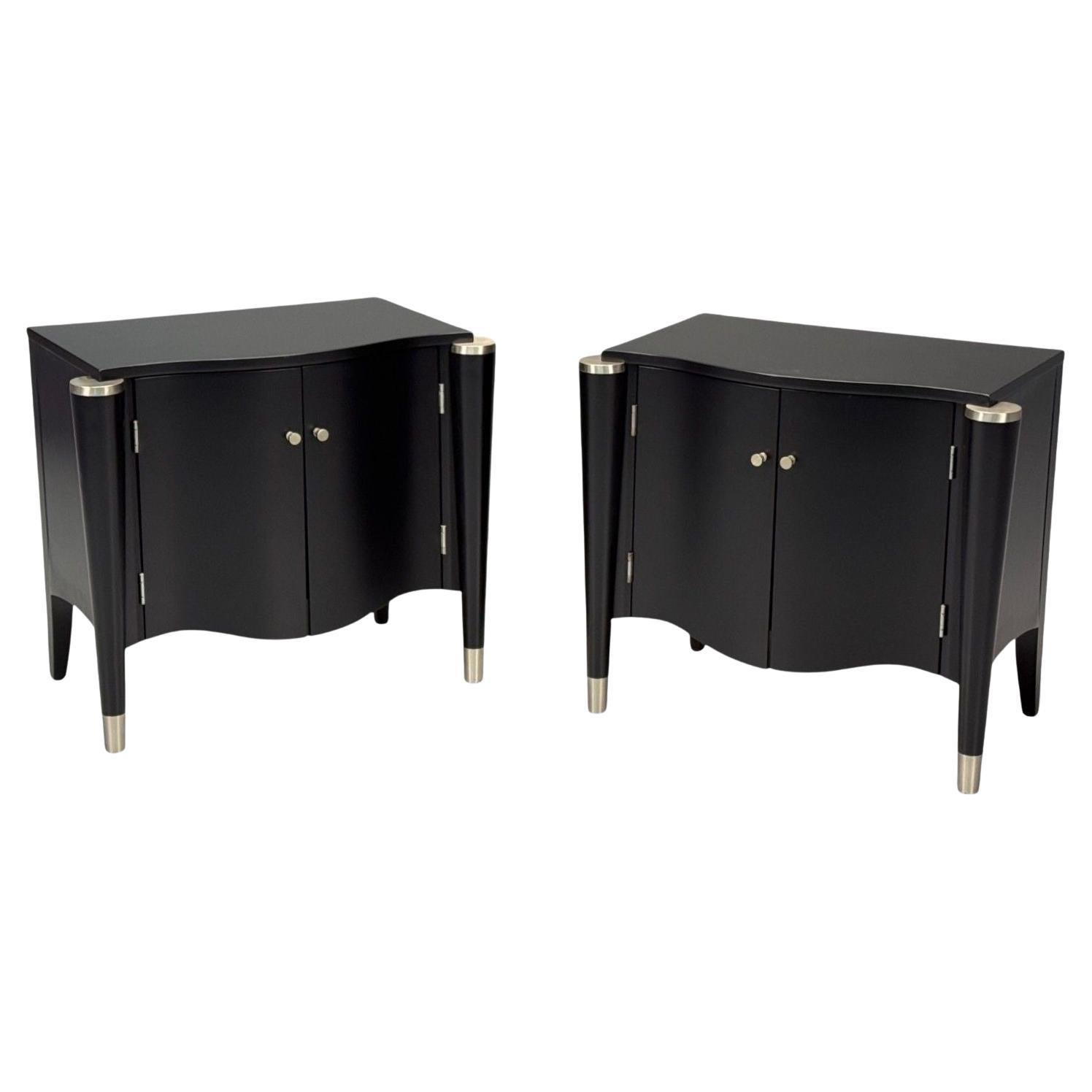 Hollywood Regency, Black Lacquer, Chrome, Nightstands, USA, 1970s For Sale