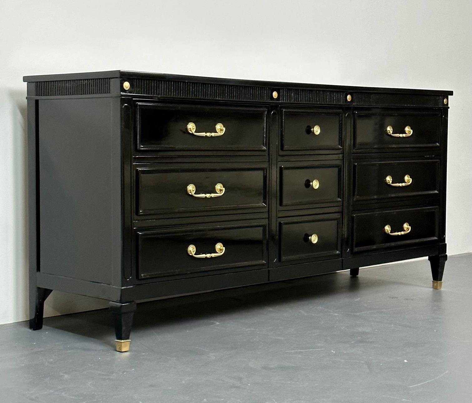 American Hollywood Regency Black Lacquer Dresser, Chest, Sideboard, Maison Jansen Style For Sale
