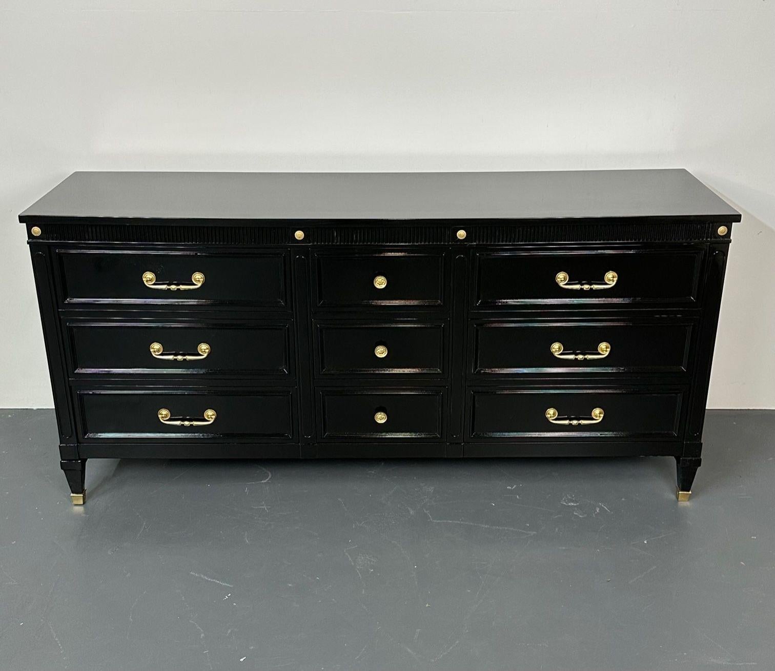 Hollywood Regency Black Lacquer Dresser, Chest, Sideboard, Maison Jansen Style In Good Condition For Sale In Stamford, CT