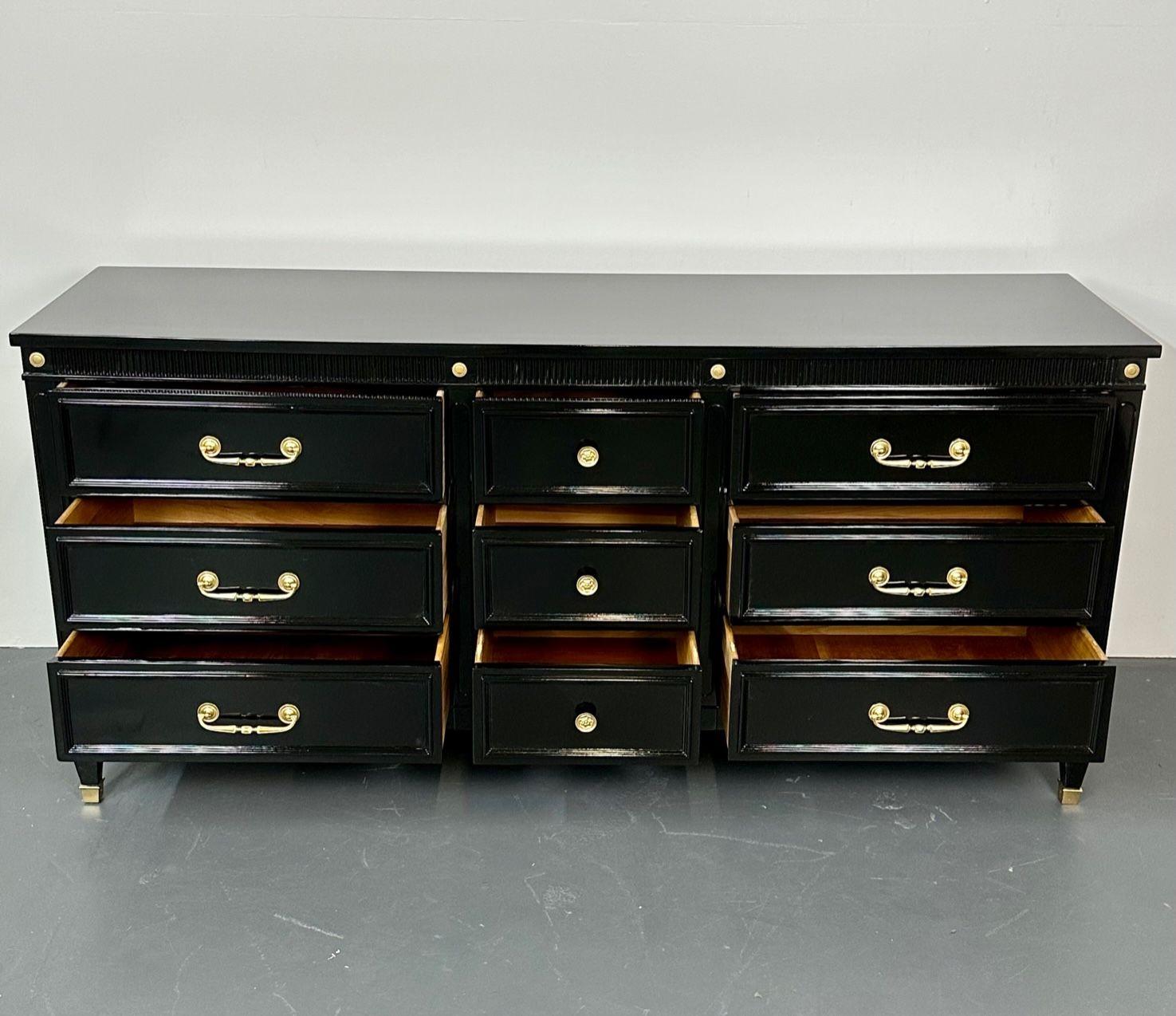 Hollywood Regency Black Lacquer Dresser, Chest, Sideboard, Maison Jansen Style For Sale 1