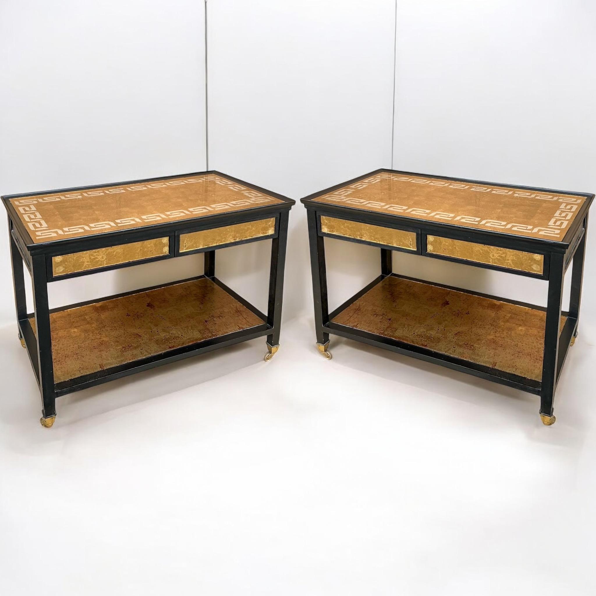 Italian Hollywood Regency Black Lacquer Gilt Greek Key Mirrored / Eglomise Tables- Pair For Sale