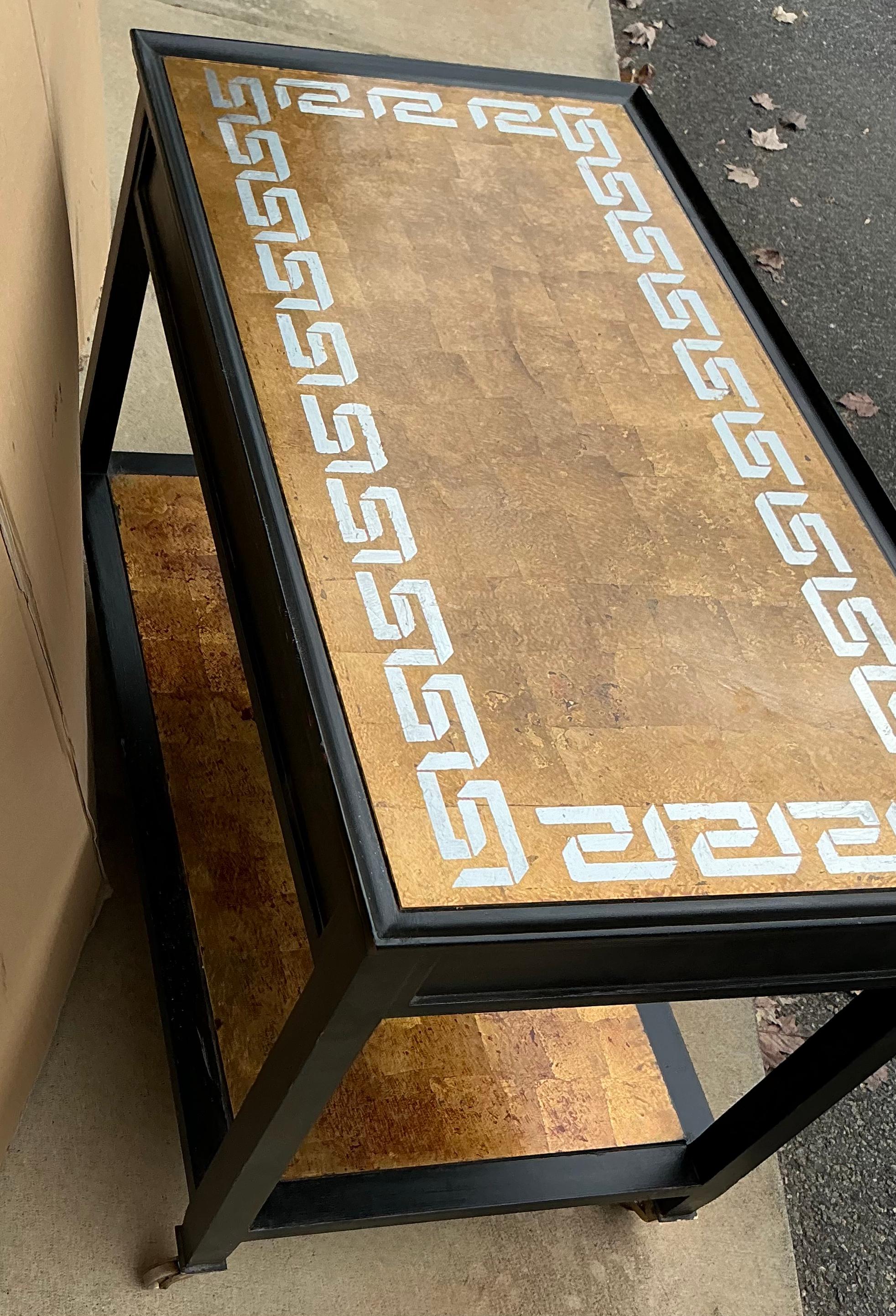 20th Century Hollywood Regency Black Lacquer Gilt Greek Key Mirrored / Eglomise Tables- Pair For Sale