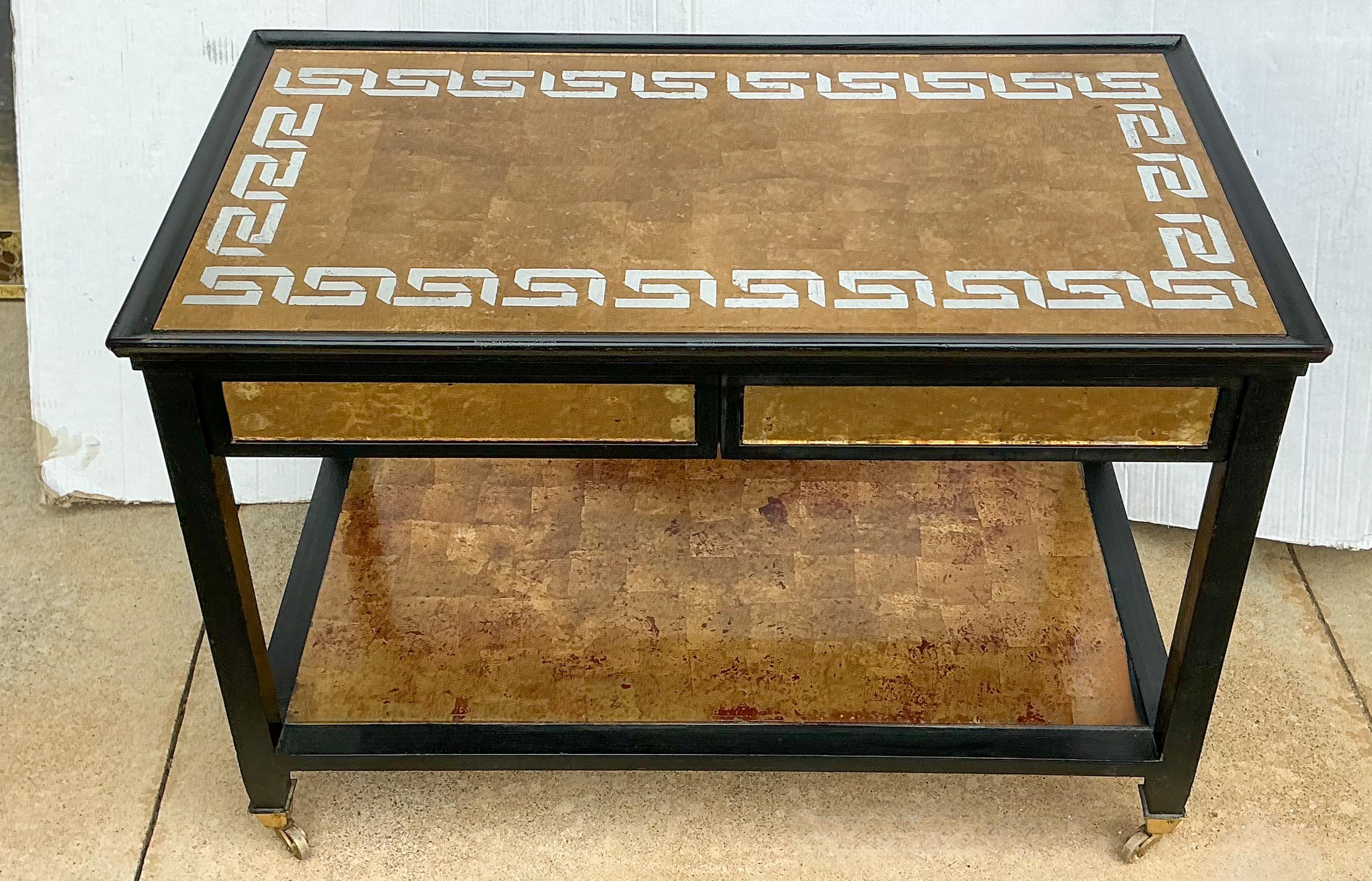 Glass Hollywood Regency Black Lacquer Gilt Greek Key Mirrored / Eglomise Tables- Pair For Sale