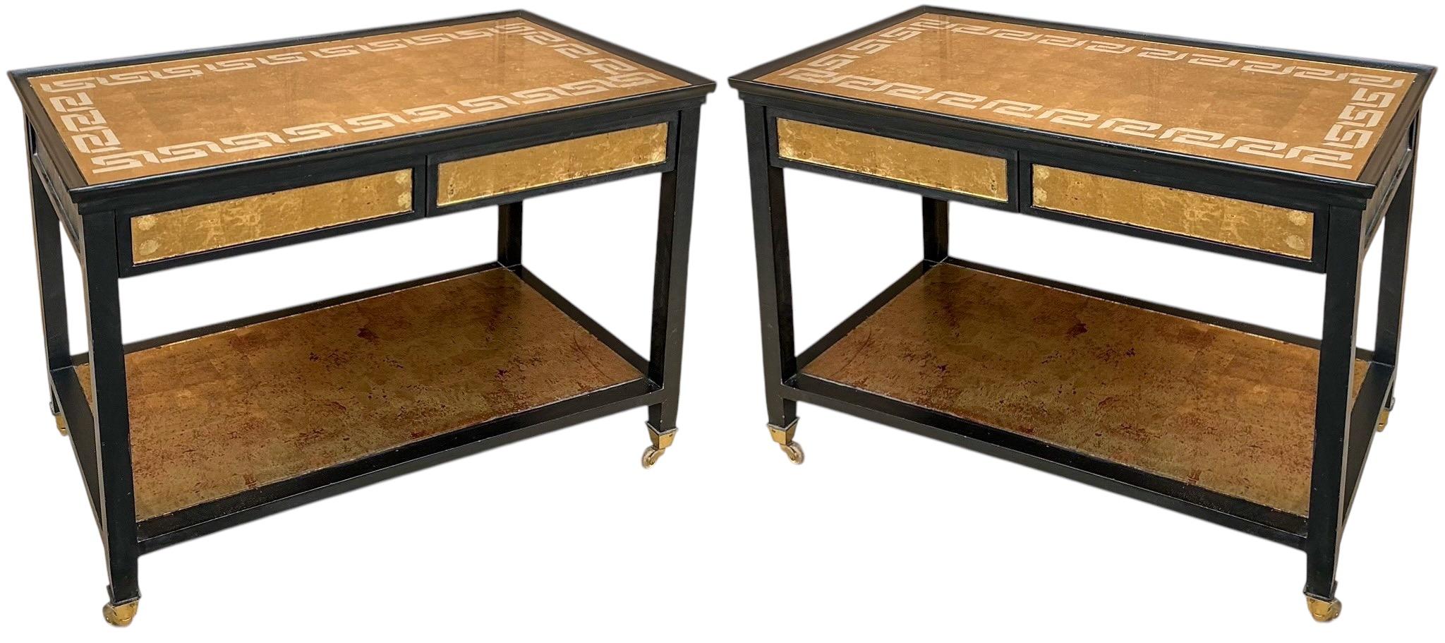 Hollywood Regency Black Lacquer Gilt Greek Key Mirrored / Eglomise Tables- Pair For Sale 1