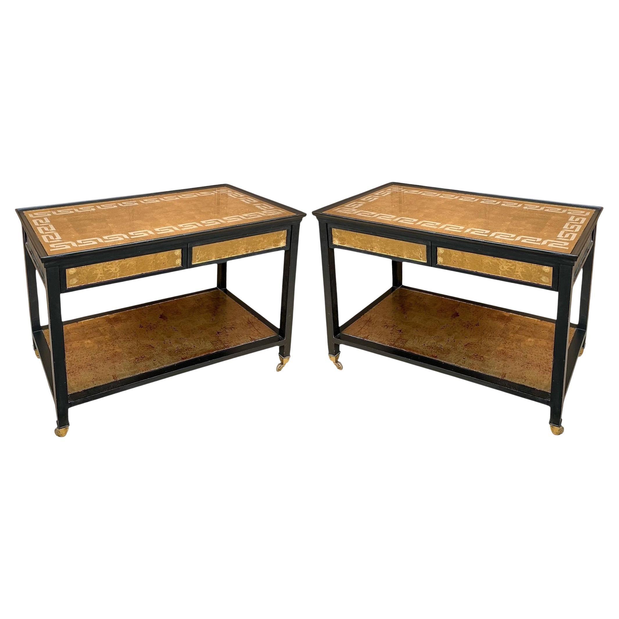 Hollywood Regency Black Lacquer Gilt Greek Key Mirrored / Eglomise Tables- Pair For Sale