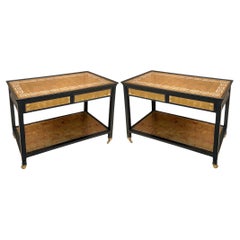Hollywood Regency Black Lacquer Gilt Greek Key Mirrored / Eglomise Tables- Pair