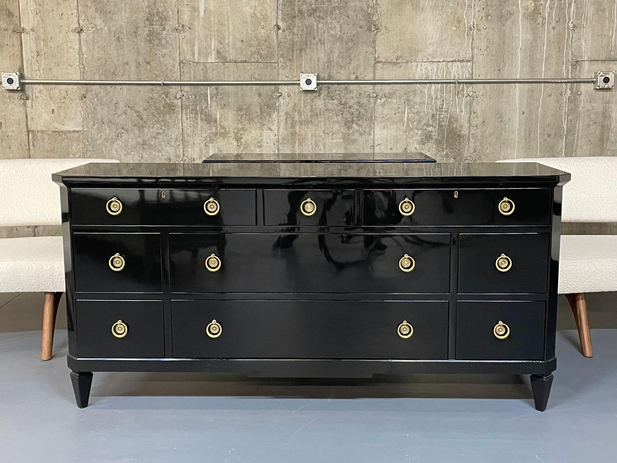Hollywood Regency Black Lacquered Dresser, Chest, Sideboard, Refinished In Good Condition In Stamford, CT