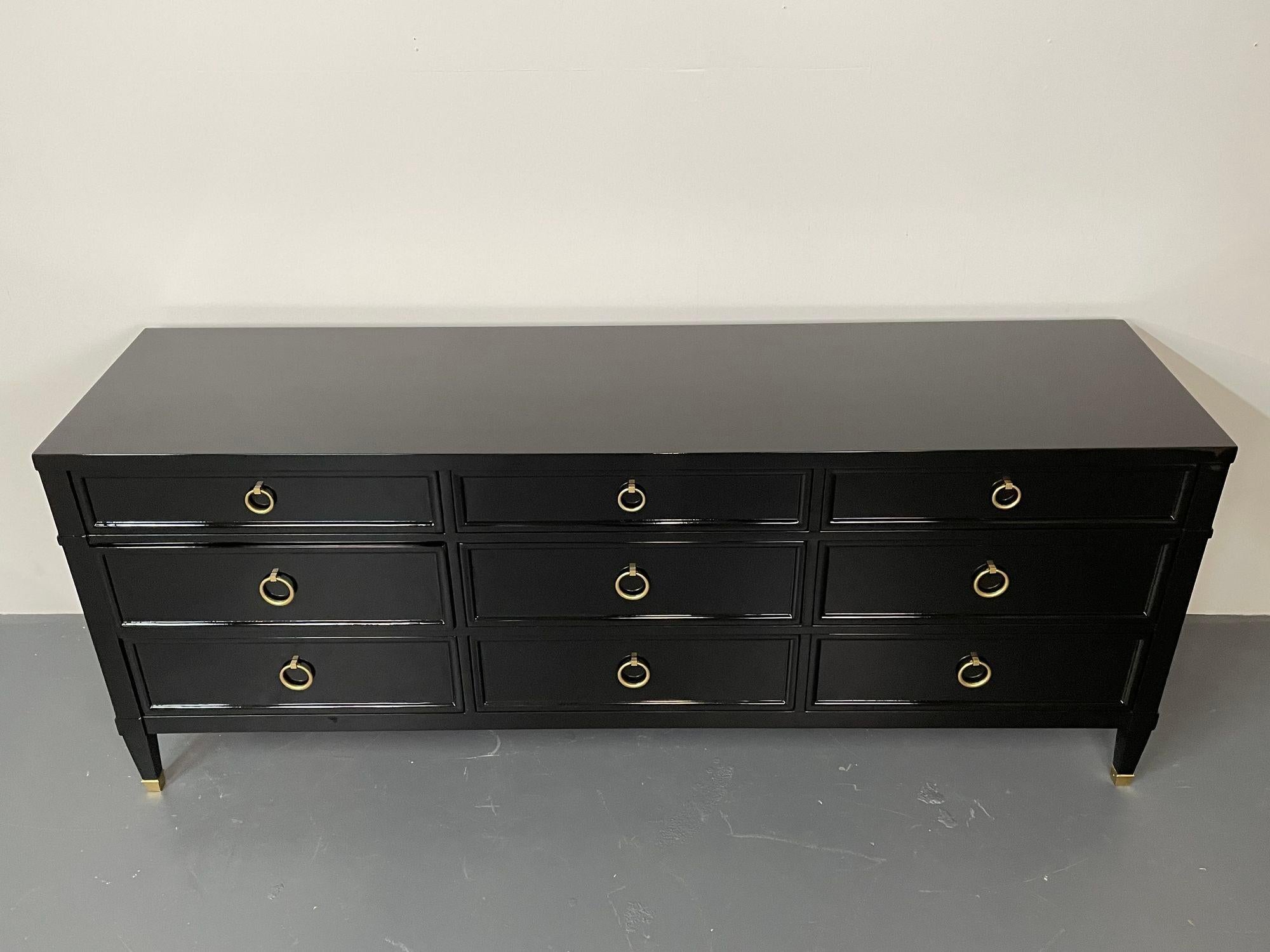 American Hollywood Regency Black Lacquered Dresser / Sideboard, Bronze, Baker Furniture For Sale