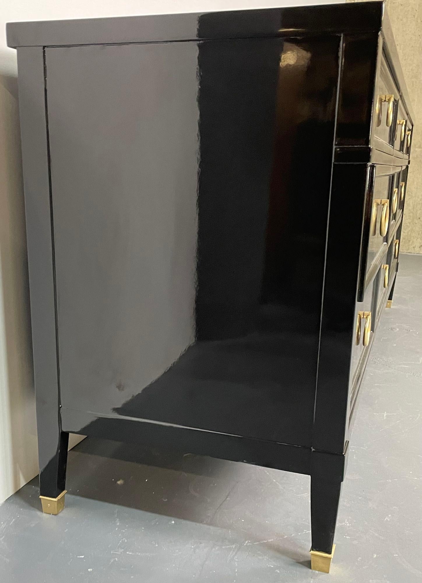 Hollywood Regency Black Lacquered Dresser / Sideboard, Bronze, Baker Furniture In Good Condition For Sale In Stamford, CT