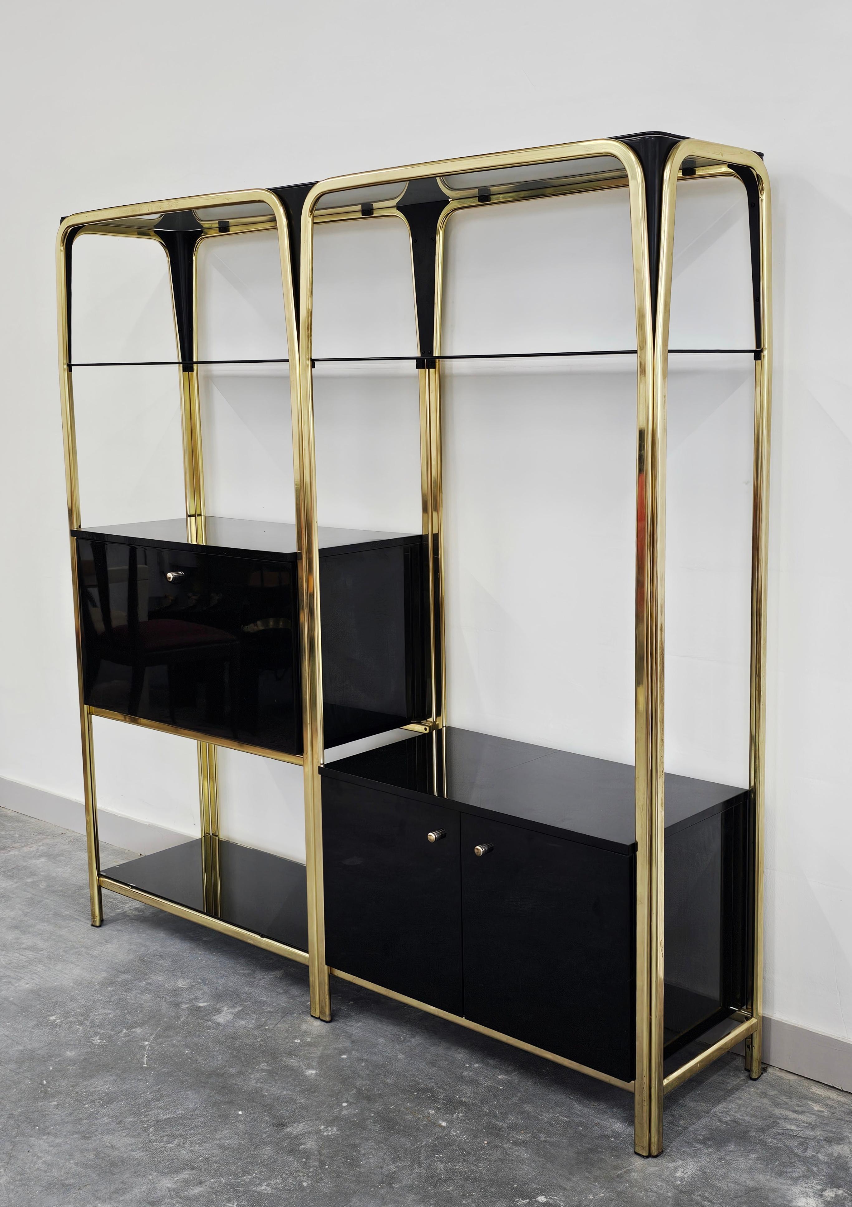 Hollywood Regency Black Lacquered Modular Wall Unit with a bar, Italy 1980s For Sale 4