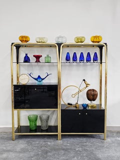 Hollywood Regency Black Lacquered Modular Wall Unit with a bar, Italy 1980s