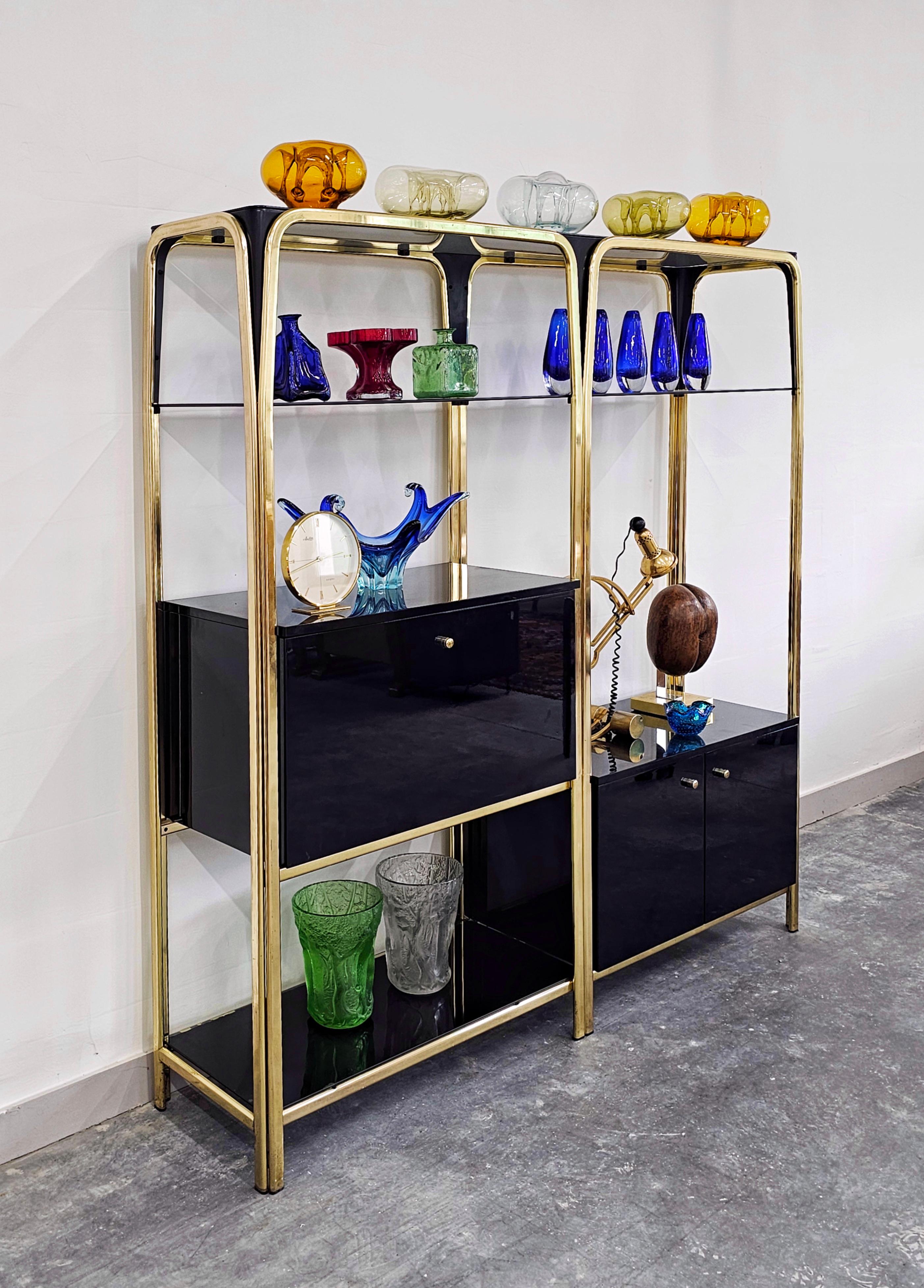 Italian Hollywood Regency Black Lacquered Modular Wall Unit with a bar, Italy 1980s For Sale
