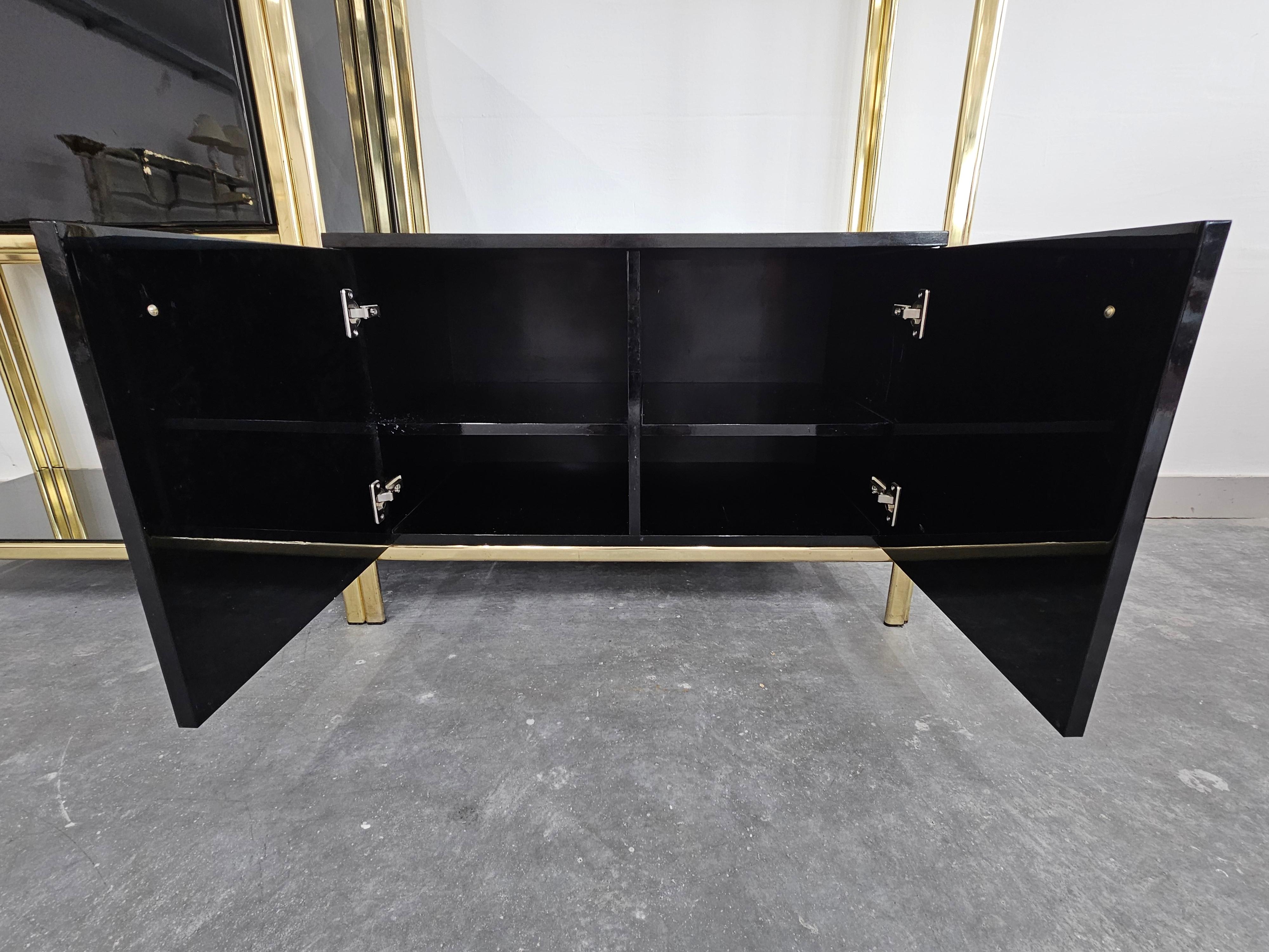 Hollywood Regency Black Lacquered Modular Wall Unit with a bar, Italy 1980s For Sale 1
