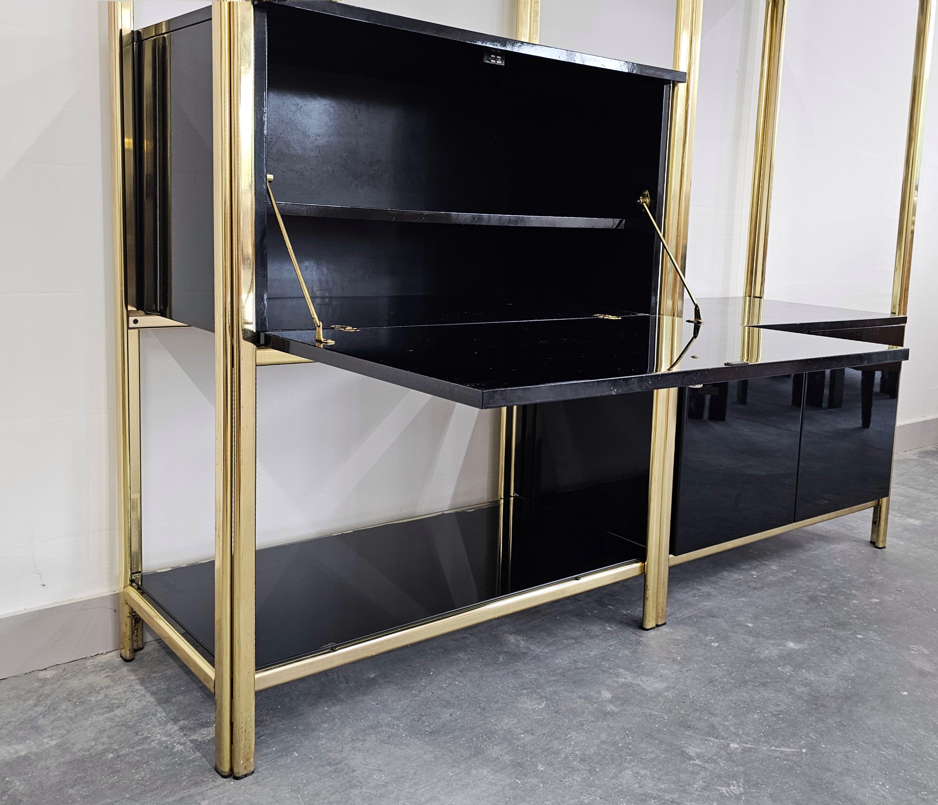 Hollywood Regency Black Lacquered Modular Wall Unit with a bar, Italy 1980s For Sale 2