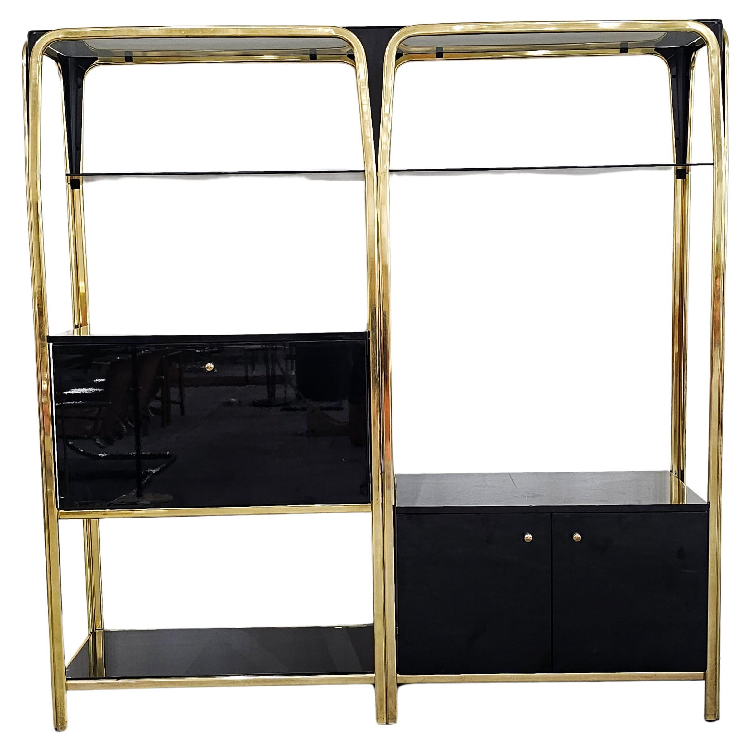 Modularer Hollywood-Regency-Wandschrank mit Barelement, schwarz lackiert, Italien 1980er Jahre