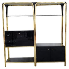 Vintage Hollywood Regency Black Lacquered Modular Wall Unit with a bar, Italy 1980s