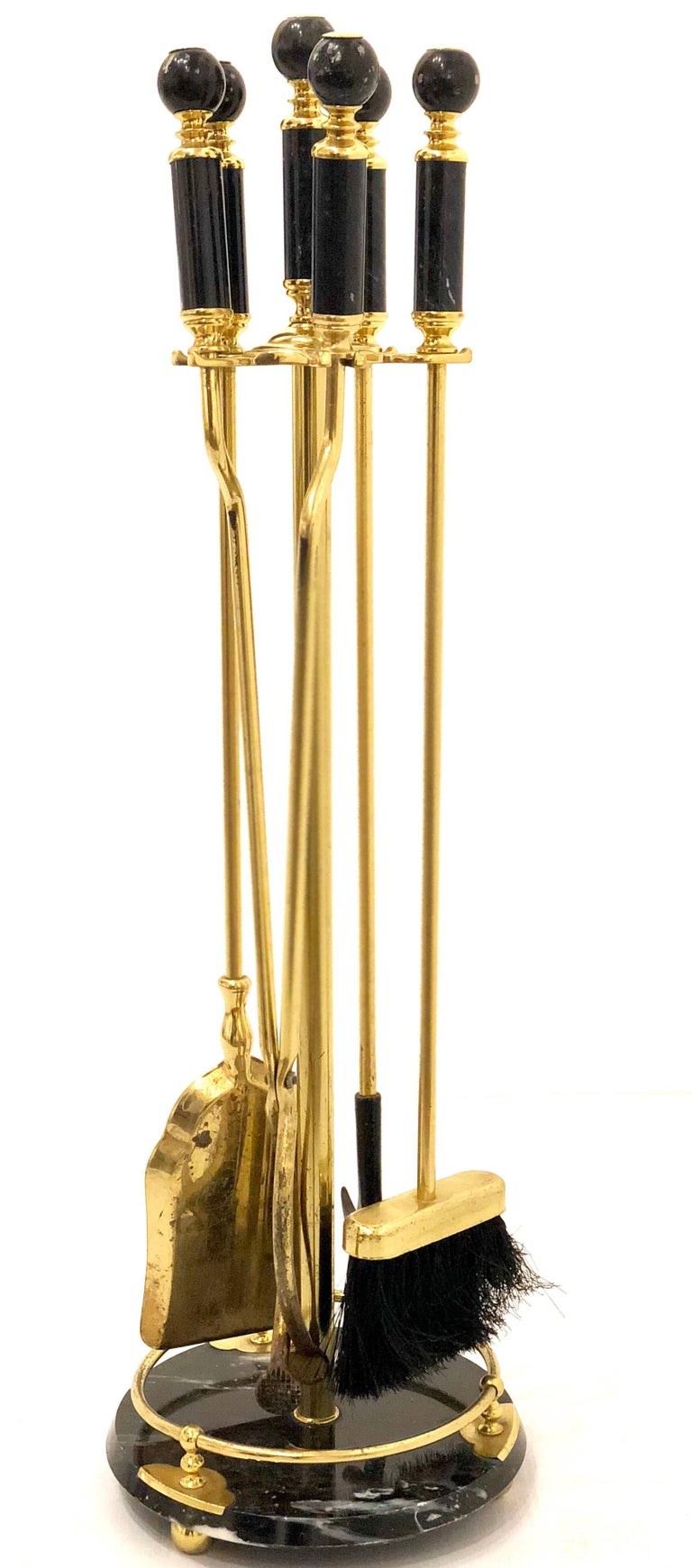 Hollywood Regency Black Marble and Brass Fireplace Tool Set at 1stDibs