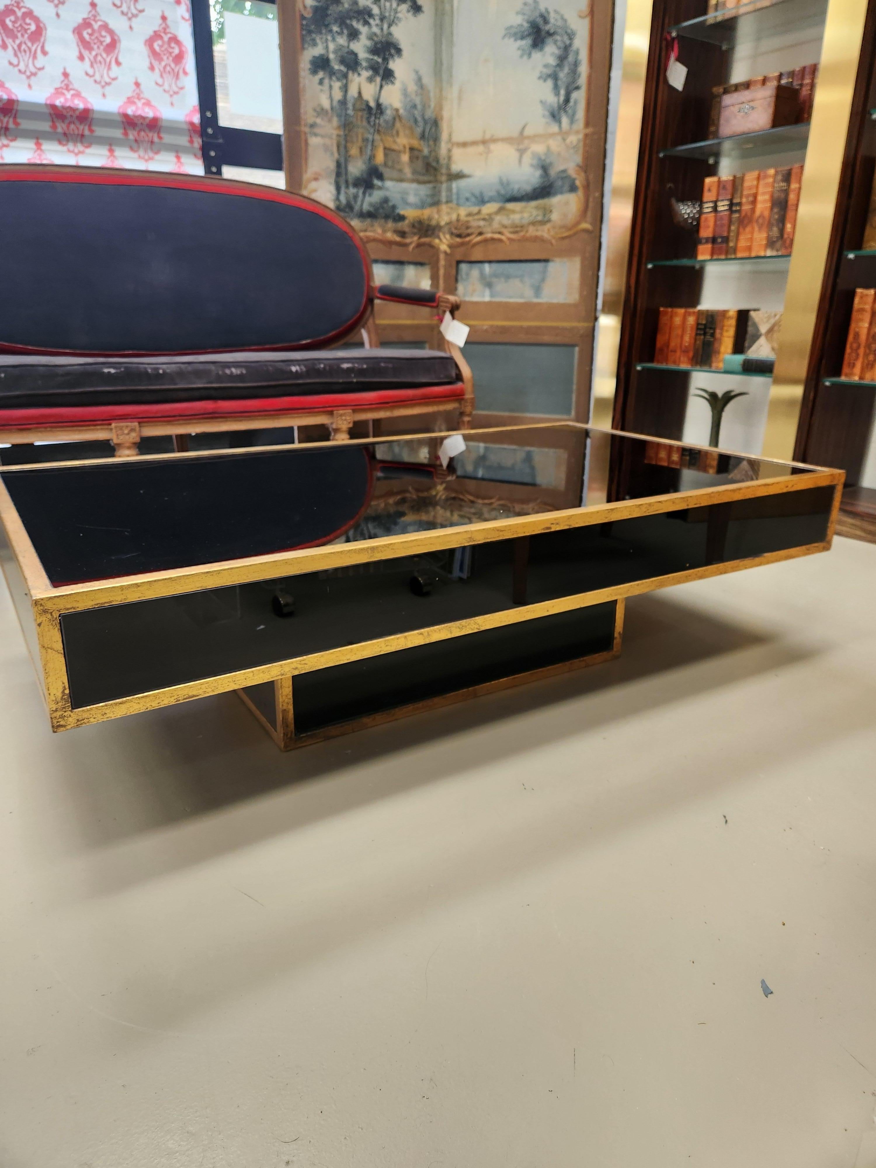 Métal Hollywood Regency Black Mirrored Cocktail Tables with Gilded Trim en vente