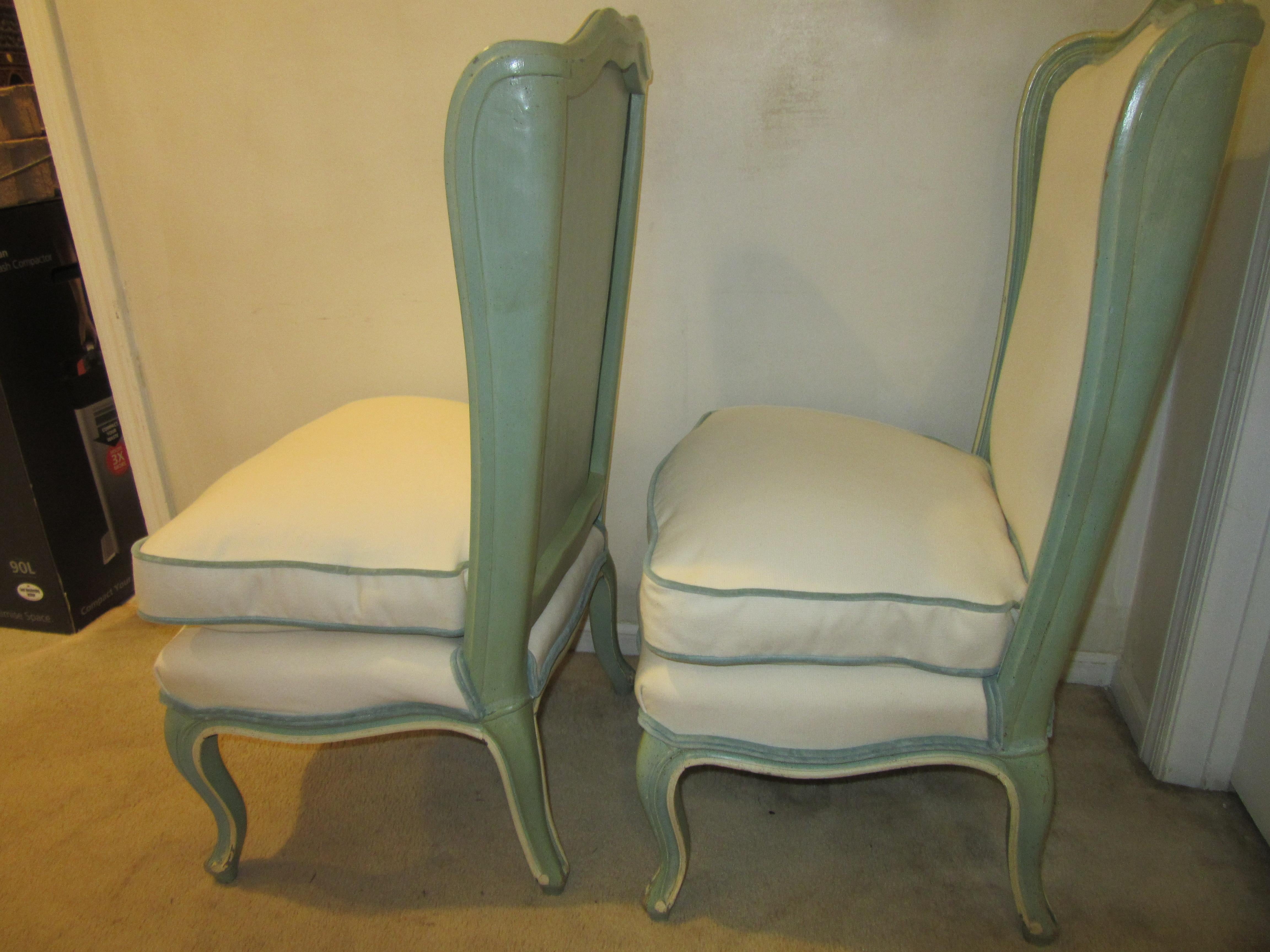 Hollywood Regency Blue Slipper Chairs with White Chenille Upholstery and Leather In Good Condition In New York, NY