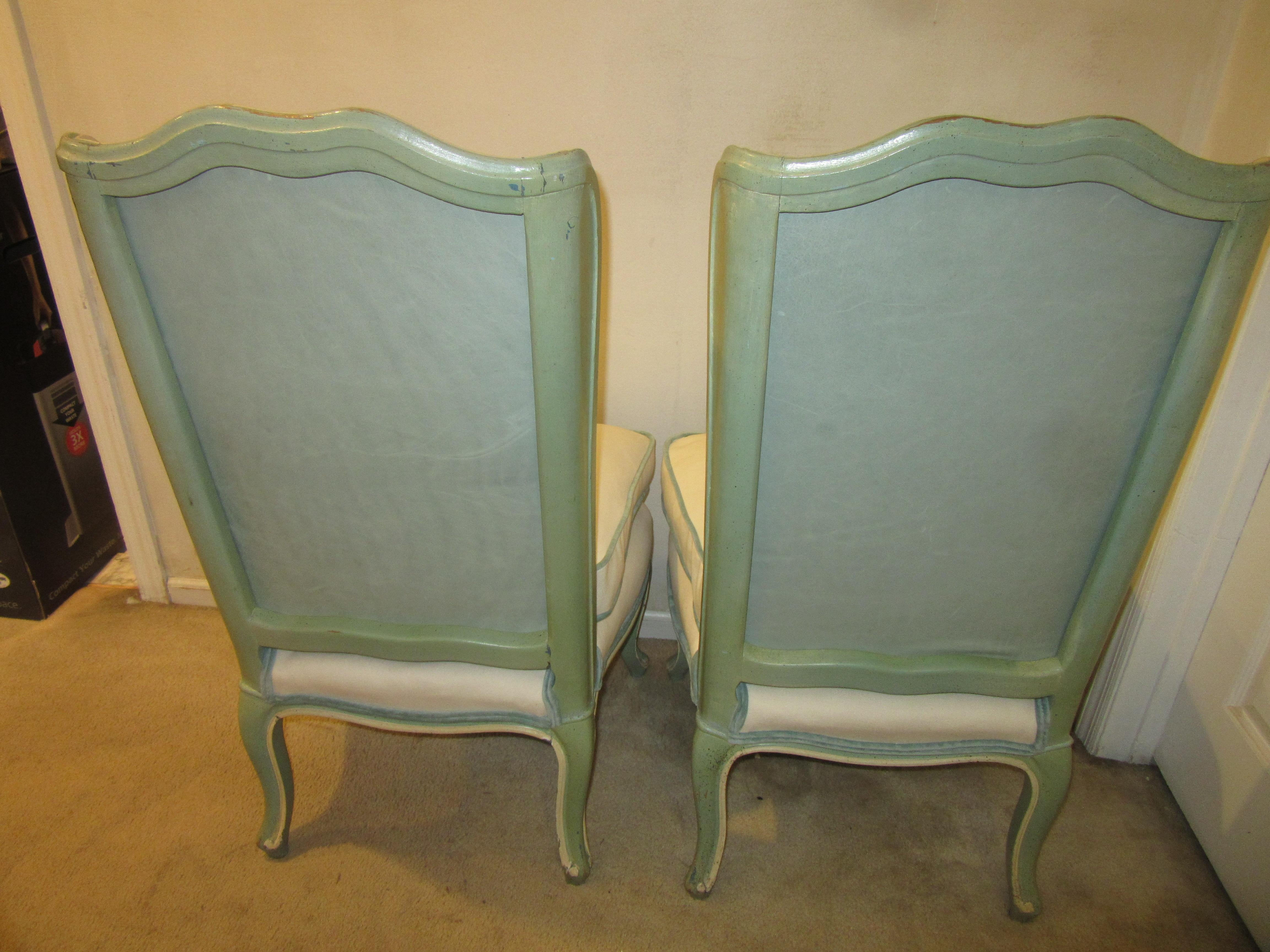 Mid-20th Century Hollywood Regency Blue Slipper Chairs with White Chenille Upholstery and Leather