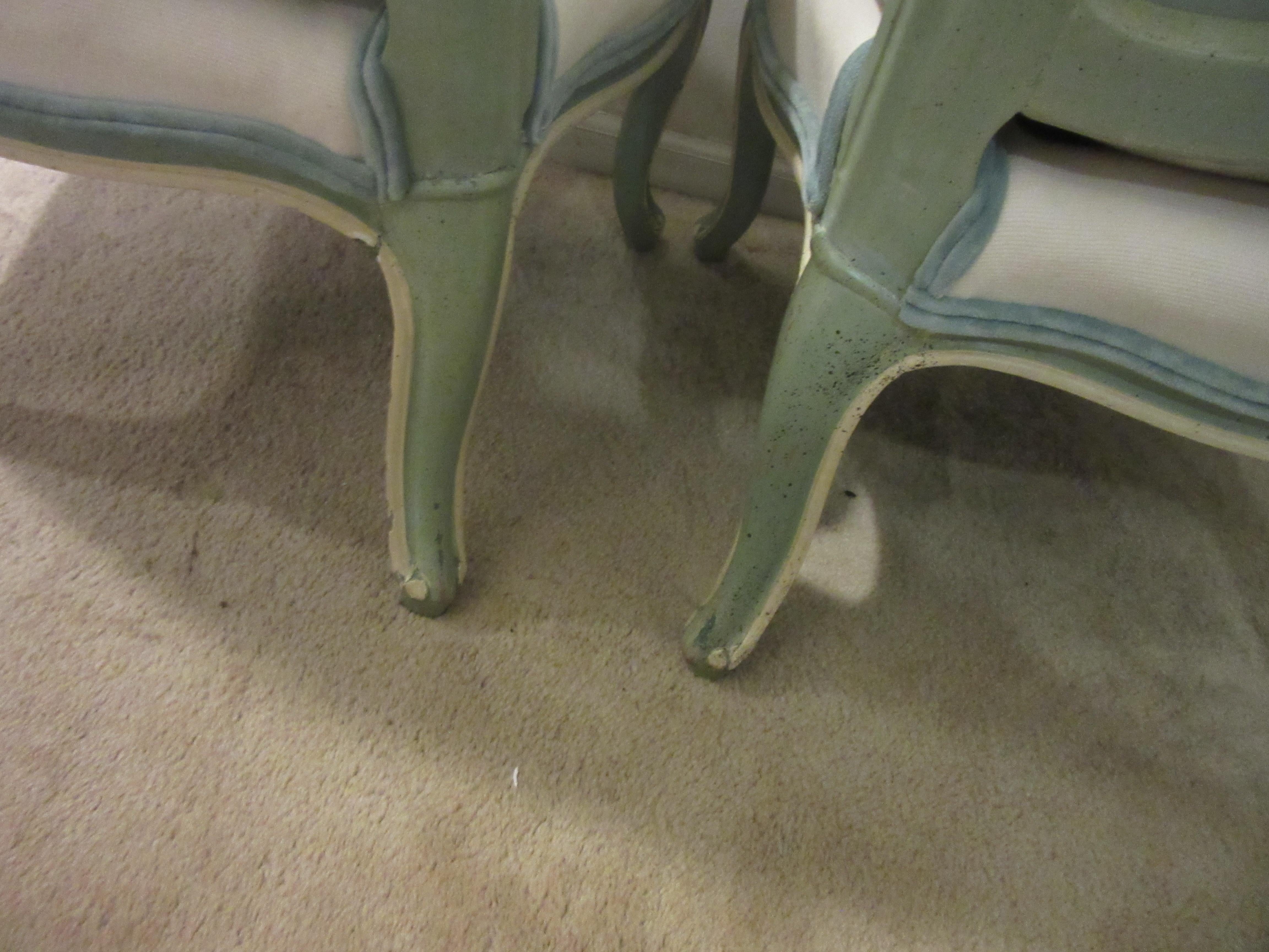 Hollywood Regency Blue Slipper Chairs with White Chenille Upholstery and Leather 1
