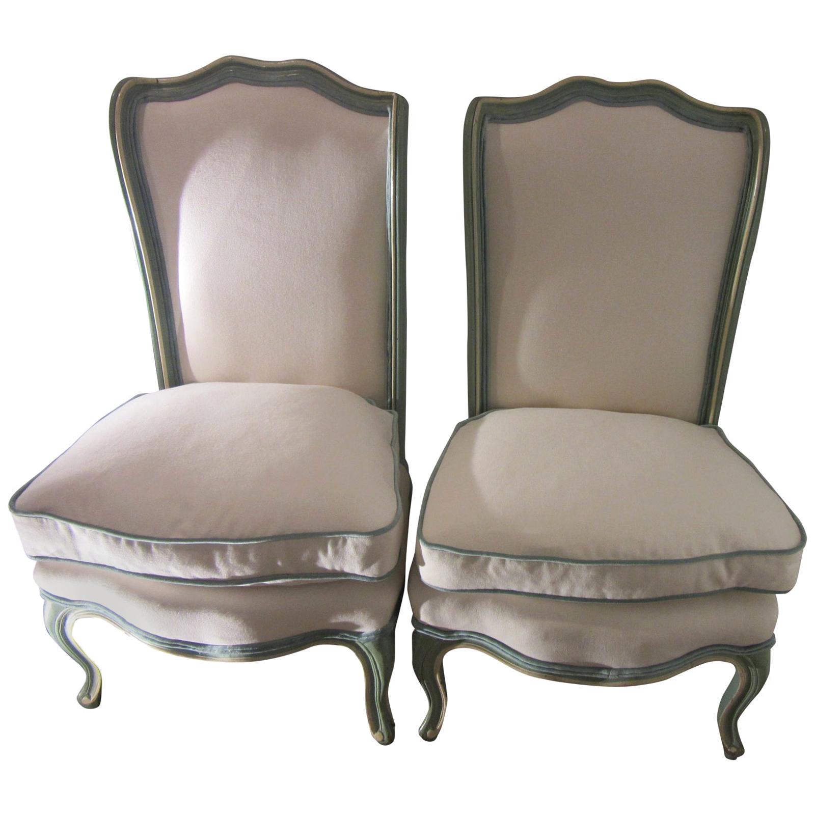 Hollywood Regency Blue Slipper Chairs with White Chenille Upholstery and Leather