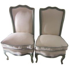 Retro Hollywood Regency Blue Slipper Chairs with White Chenille Upholstery and Leather
