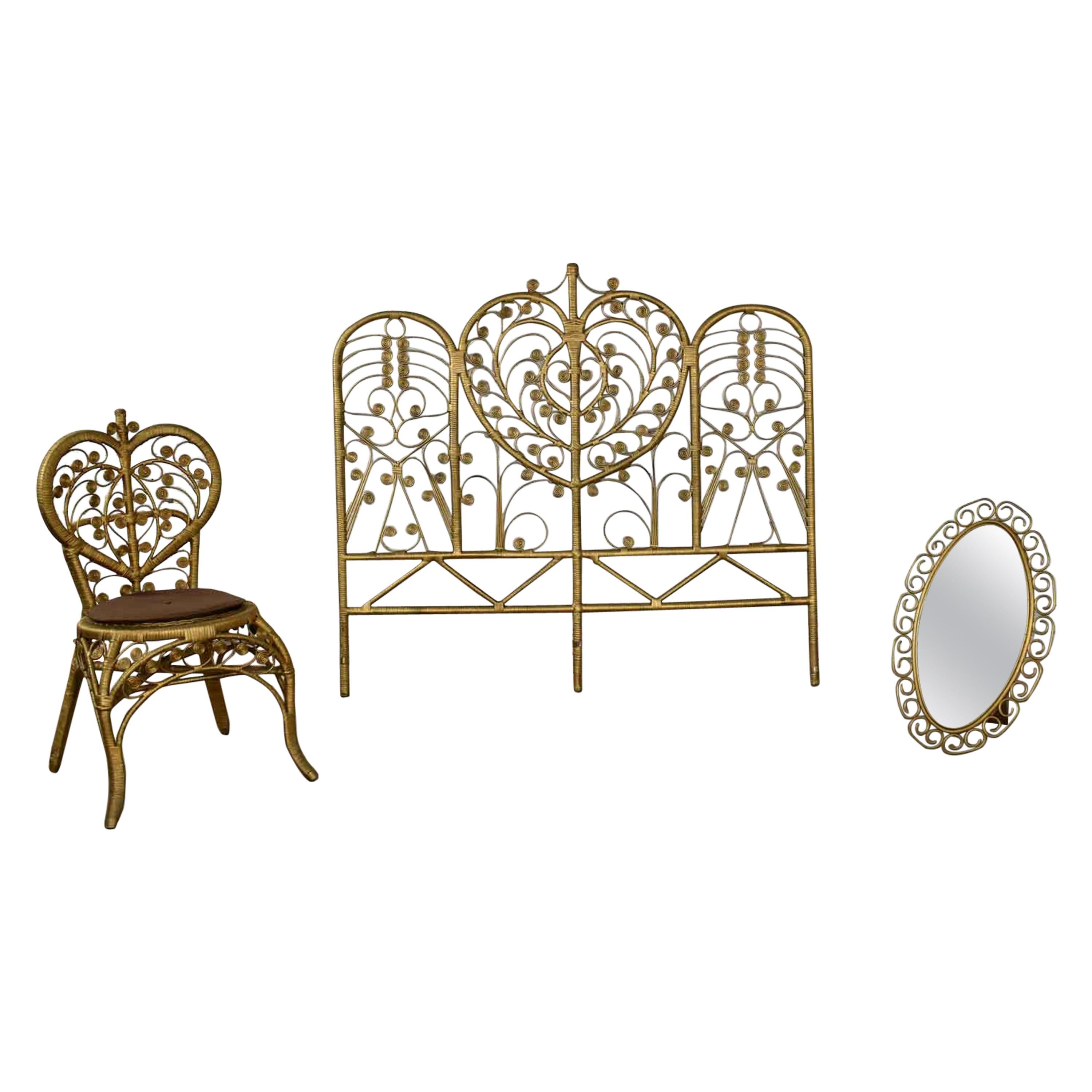 Hollywood Regency Bohemian Bedroom Trio Gold Wicker Headboard Chair and Mirror