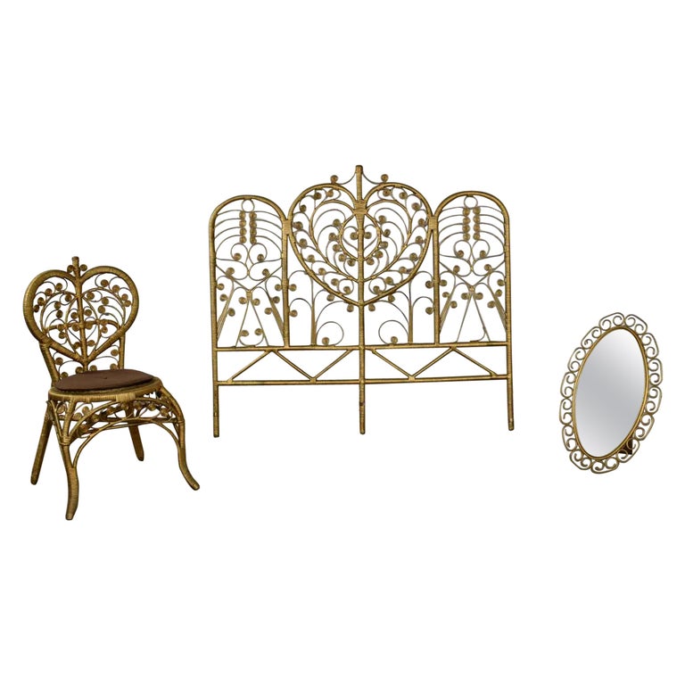 Hollywood Regency Bohemian Bedroom Trio Gold Wicker Headboard Chair and Mirror For Sale