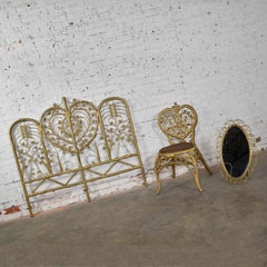 Hollywood Regency Bohemian Bedroom Trio Gold Wicker Headboard Chair and Mirror
