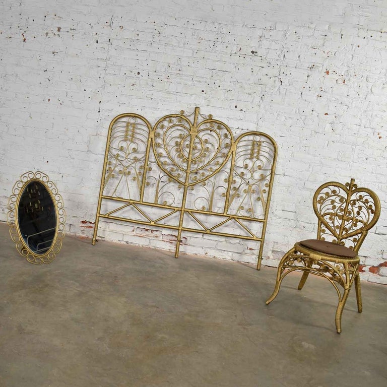 Painted Hollywood Regency Bohemian Bedroom Trio Gold Wicker Headboard Chair and Mirror For Sale