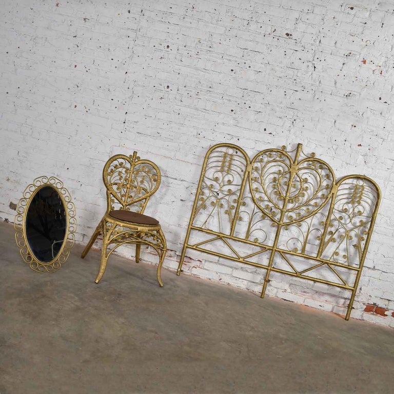 Hollywood Regency Bohemian Bedroom Trio Gold Wicker Headboard Chair and Mirror In Good Condition For Sale In Topeka, KS