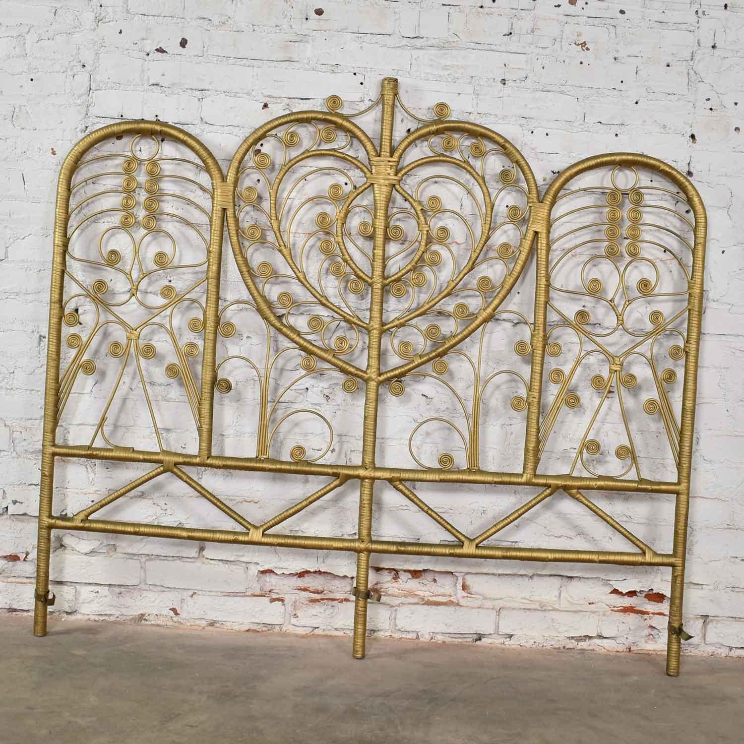 Hollywood Regency Bohemian Bedroom Trio Gold Wicker Headboard Chair and Mirror In Good Condition For Sale In Topeka, KS