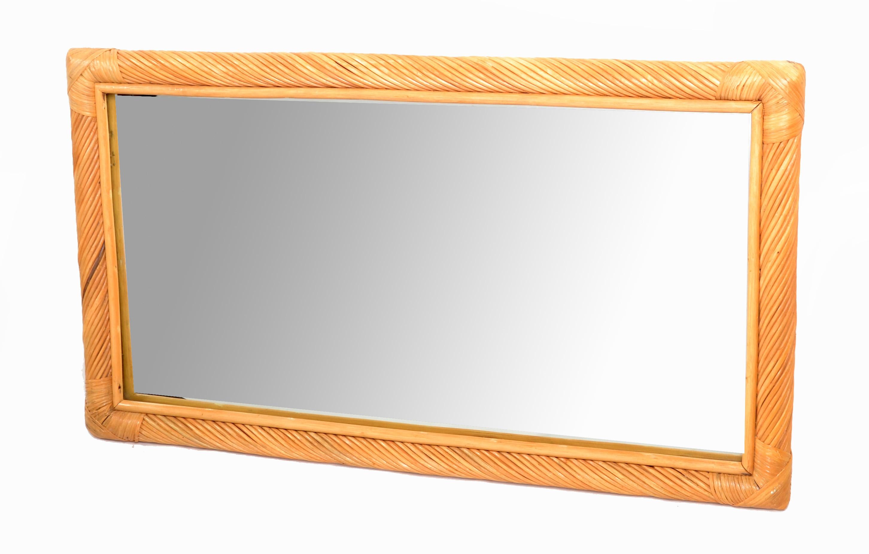 Hollywood Regency Bohemian Rectangular Handwoven Rattan and Bamboo Wall Mirror  For Sale 8