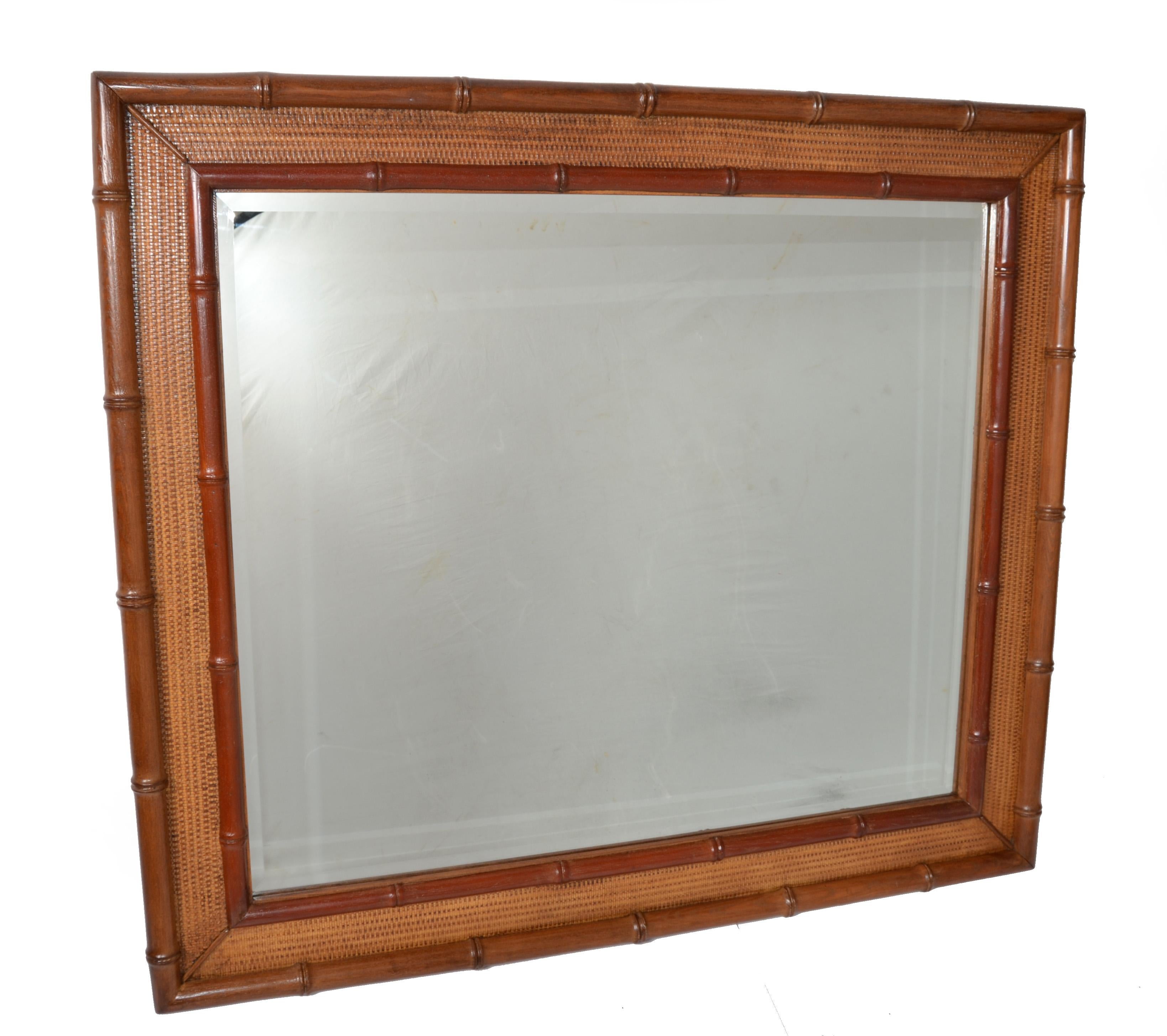 Hand-Woven Hollywood Regency Bohemian Rectangular Handwoven Rattan and Bamboo Wall Mirror For Sale