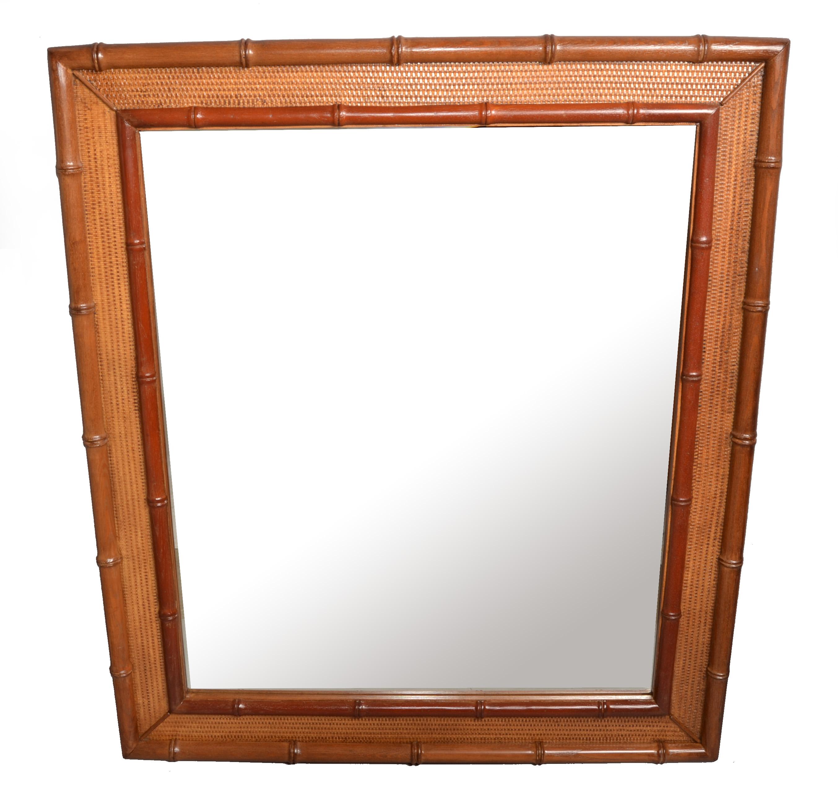 Hollywood Regency Bohemian Rectangular Handwoven Rattan and Bamboo Wall Mirror  In Good Condition For Sale In Miami, FL