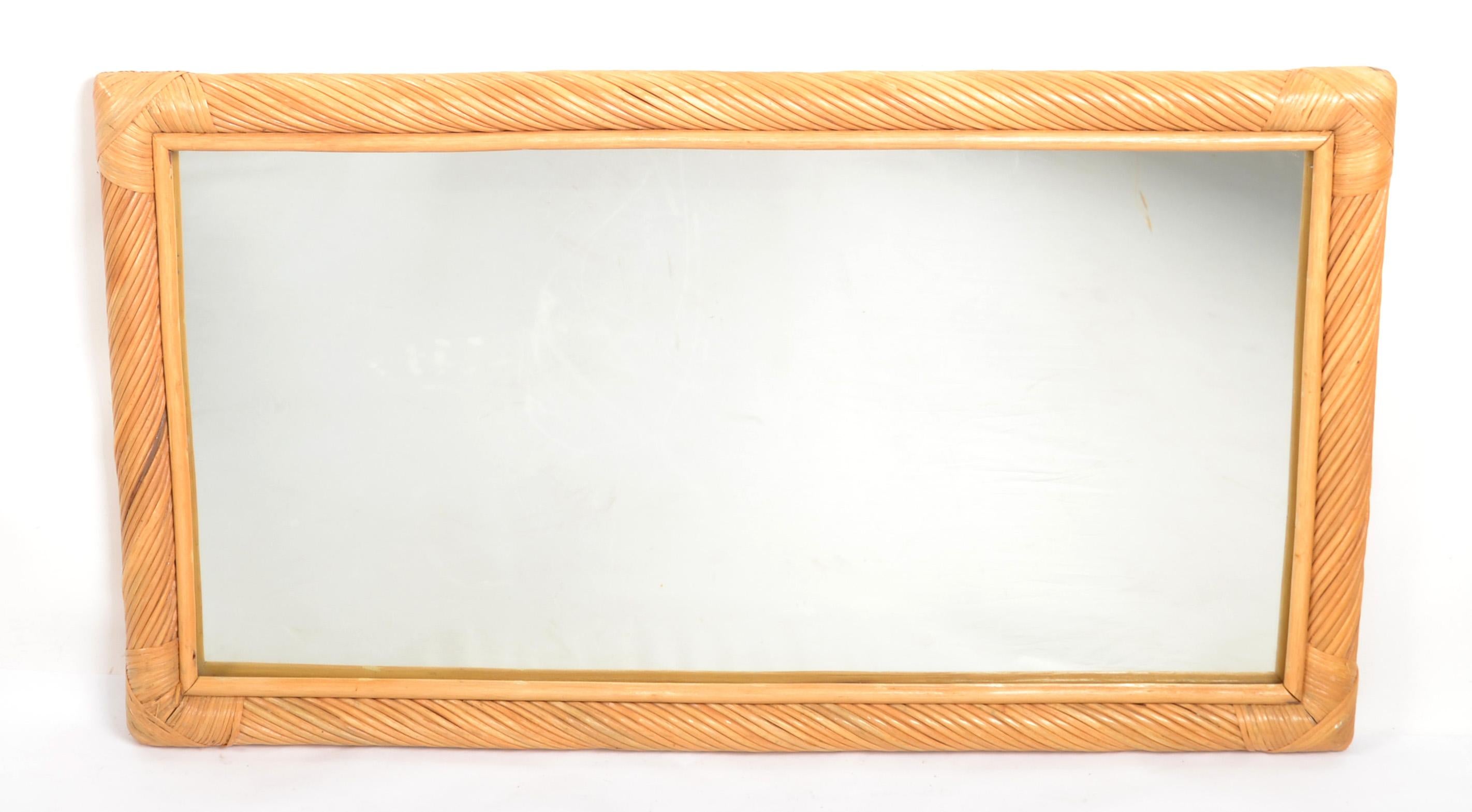 Hollywood Regency Bohemian Rectangular Handwoven Rattan and Bamboo Wall Mirror  In Good Condition For Sale In Miami, FL