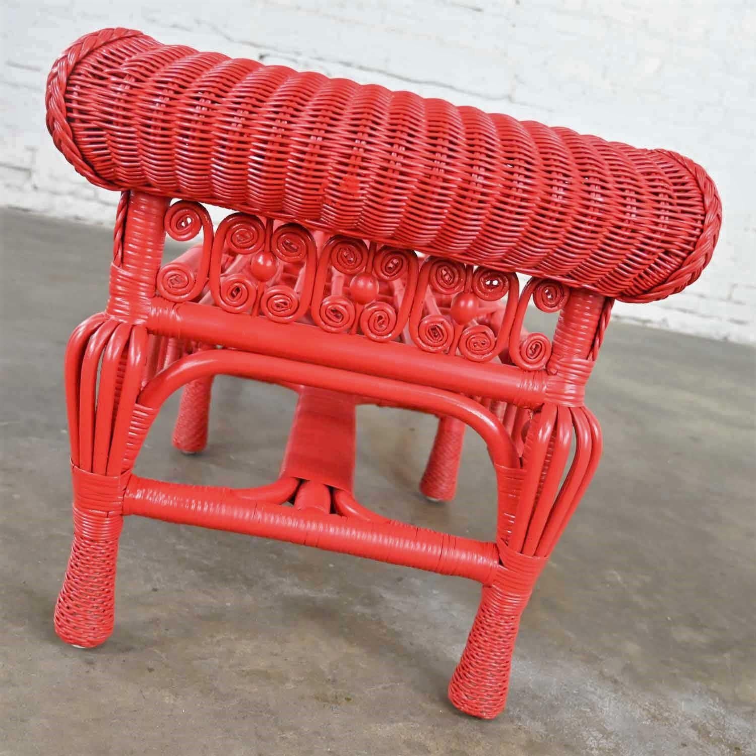 Hollywood Regency Boho Chic Poppy Red Painted Gondola Style Wicker Bench Table 1