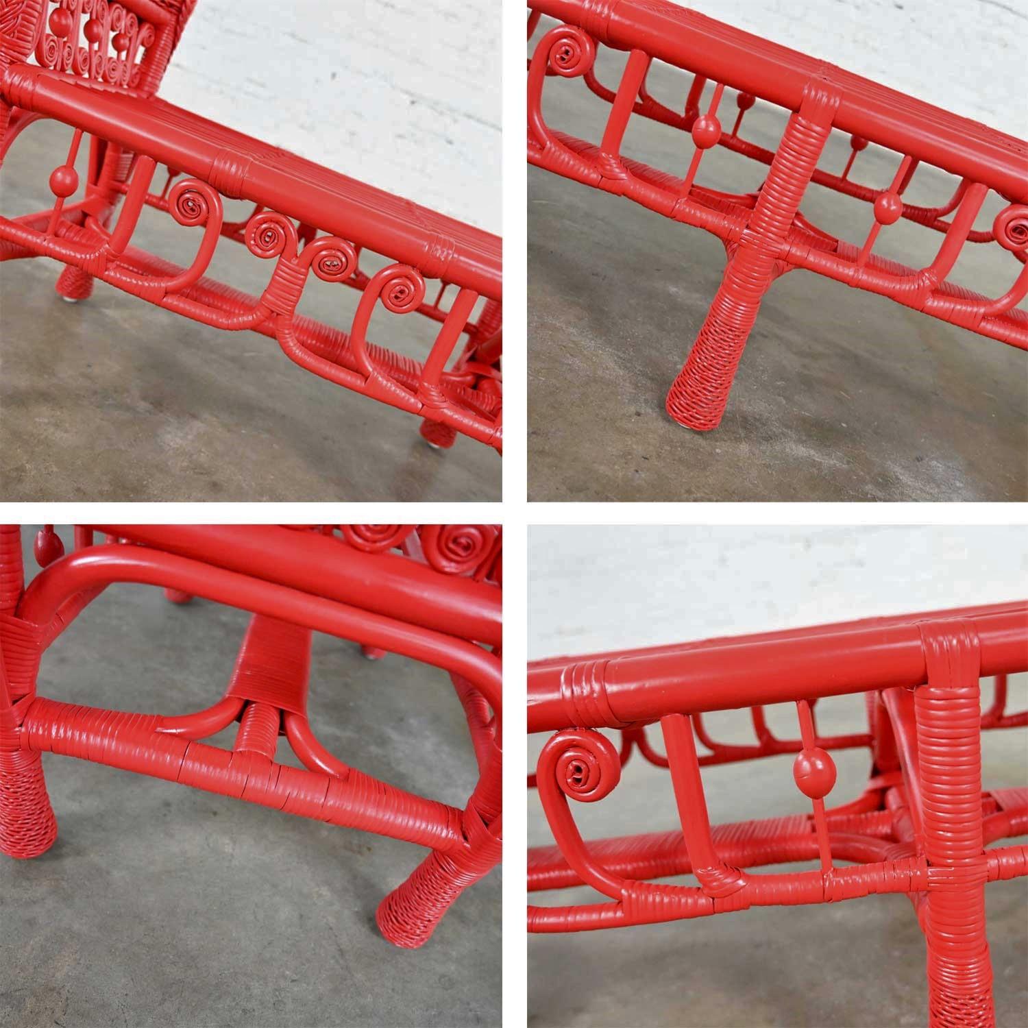 Hollywood Regency Boho Chic Poppy Red Painted Gondola Style Wicker Bench Table 2