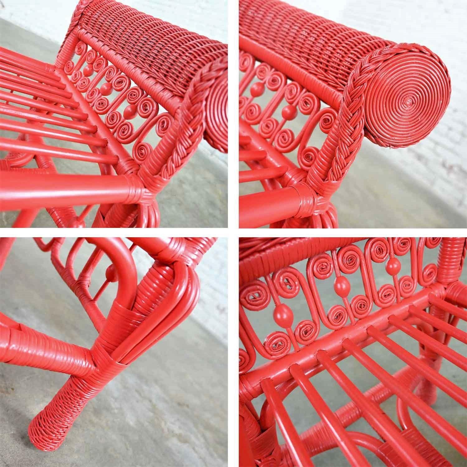 Hollywood Regency Boho Chic Poppy Red Painted Gondola Style Wicker Bench Table 3